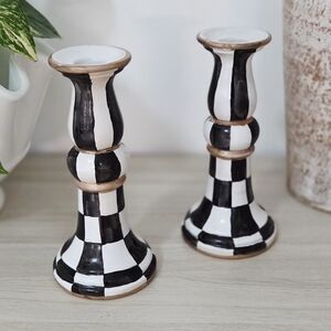 Gorgeous! Hand-Painted, Black and White Checkered Candlesticks!